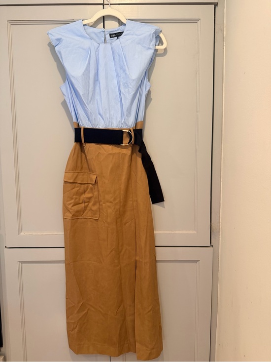 Zara Dresses & Skirts - Zara Light Blue and Camel Belted Midi Dress